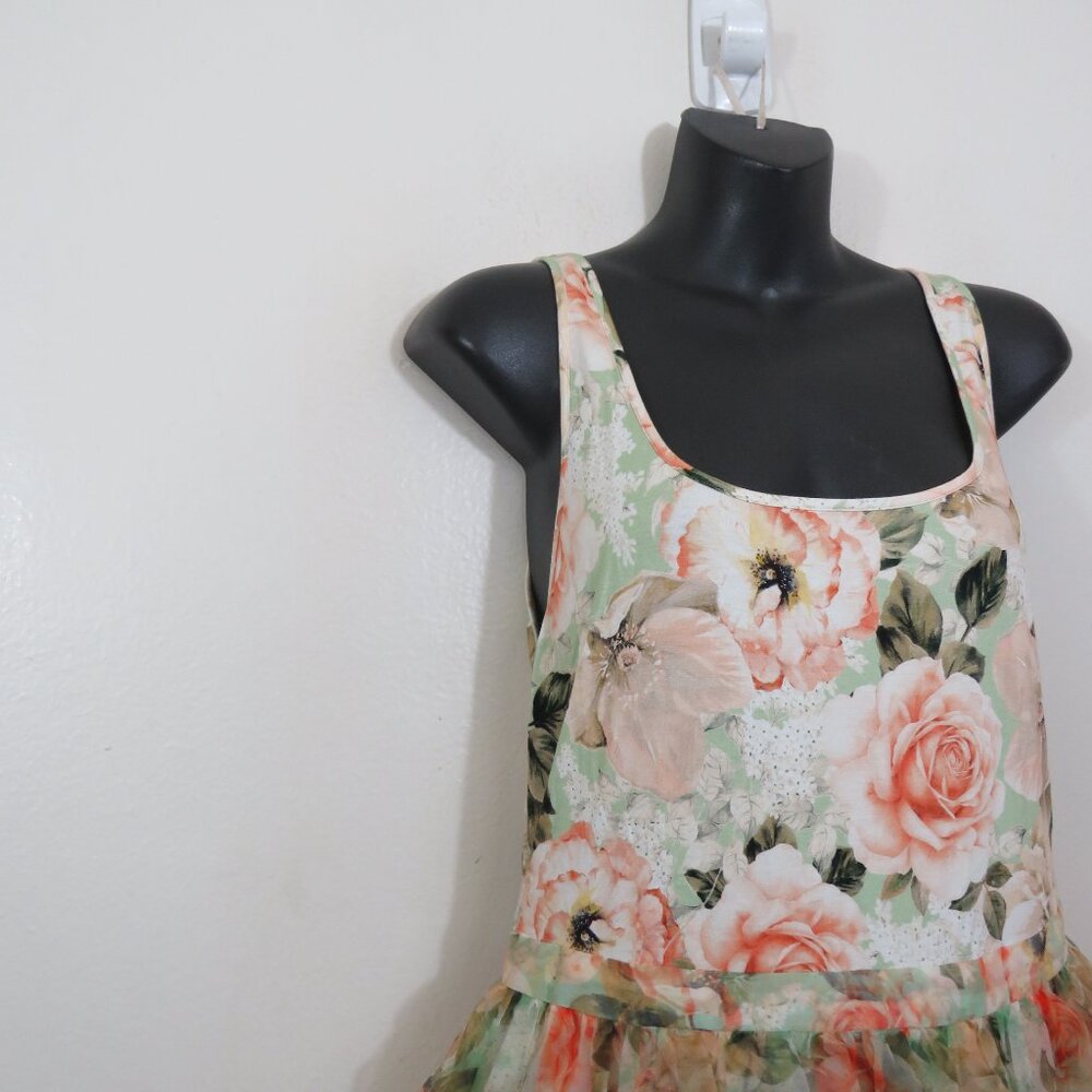 Alice + Olivia Peach Rose Print Scoop-Neck Mini Dress on Mint - Picture 7 of 7